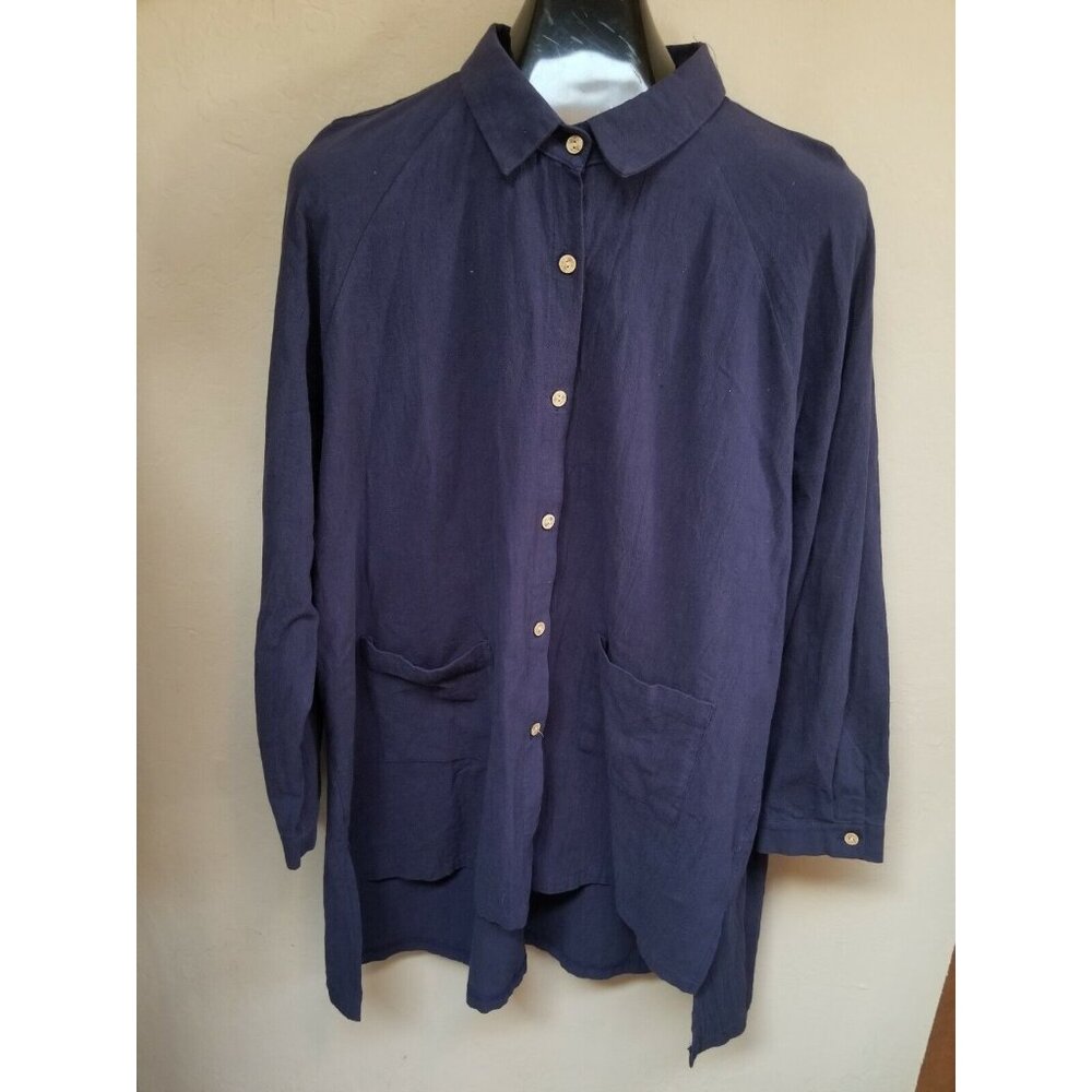 Gracila Womens 5XL Button Up Long Sleeve Hi-Low Tunic Top Shirt Blue Casual
